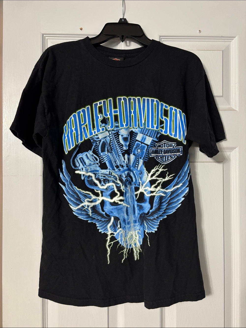 Harley-Davidson Vintage Black Tee with Blue Engine Lightning Graphic Size Medium